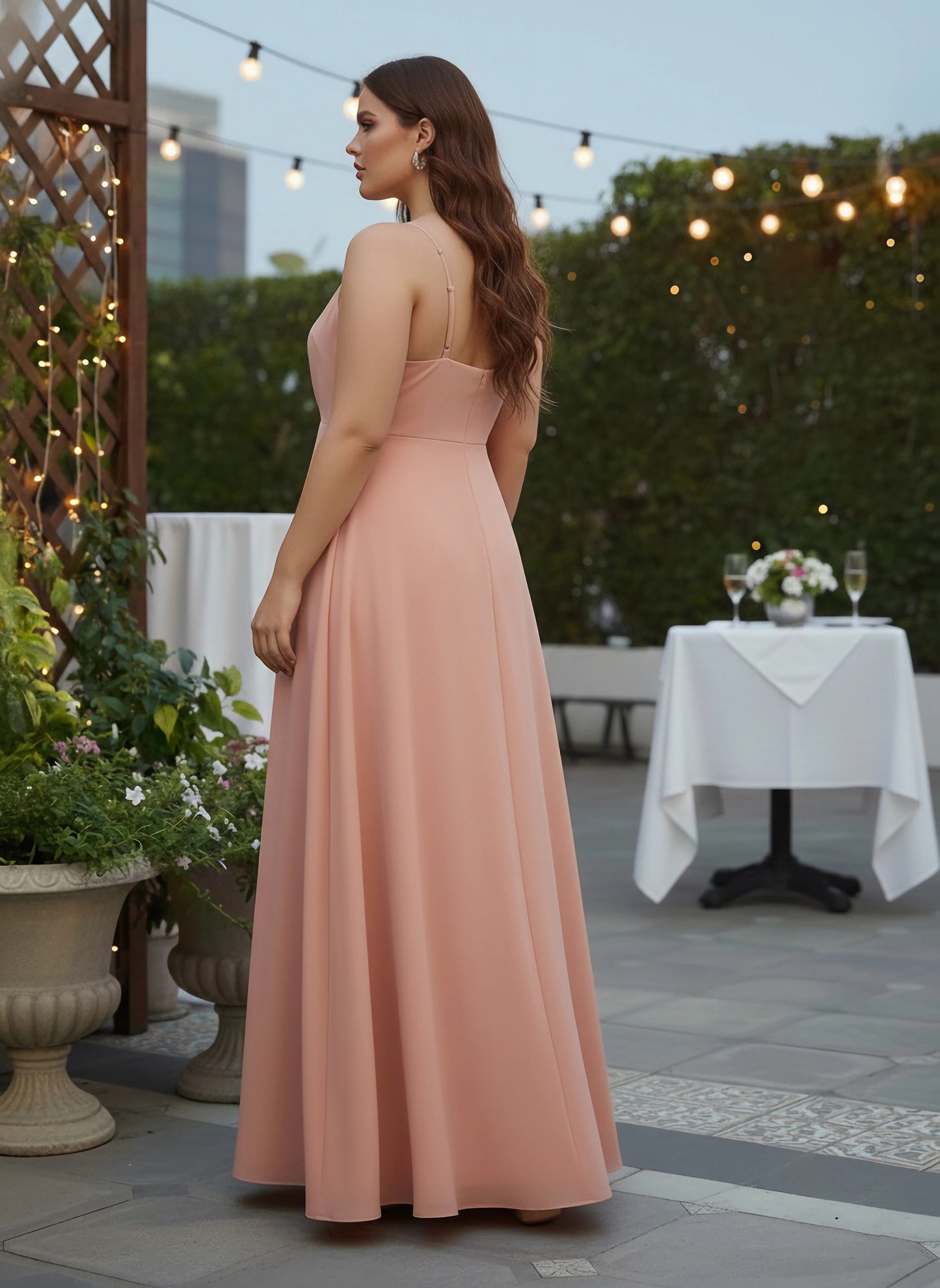 Berrylush Women Plus Size Solid Pink V-Neck Sleeveless Crepe Thigh-High Slit Fit & Flare Wrap Maxi Dress