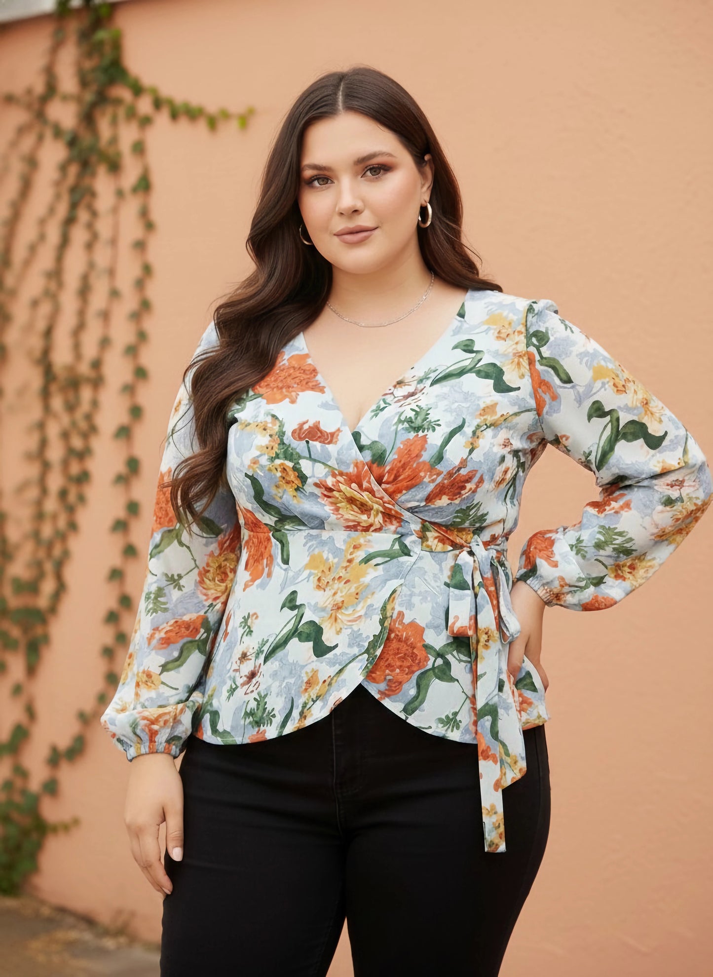 Berrylush Curve Women Blue & Orange Floral Printed V-Neck Bishop Sleeves Waist Tie-Up Wrap Regular Top