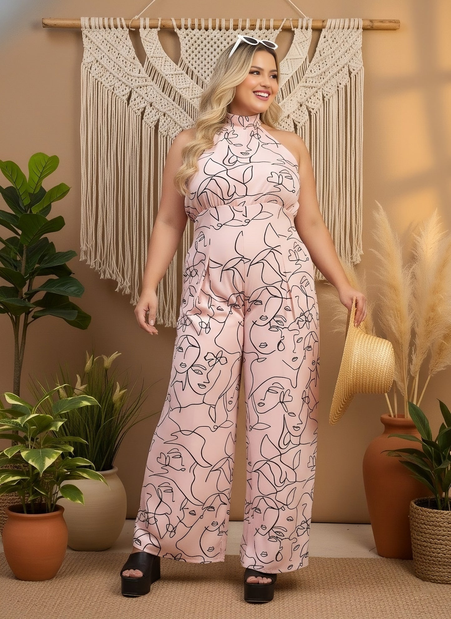 Berrylush Curve Women Pink & Black Abstract Print Halter Neck Sleeveless Backless Slant Pockets Wide-Leg Maxi Jumpsuit