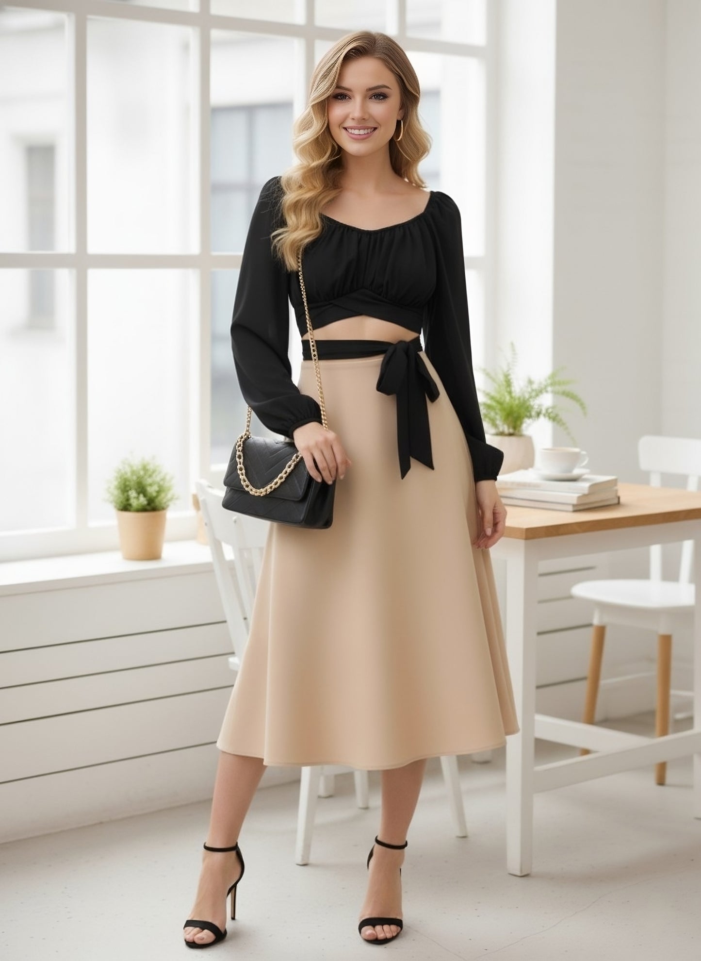 Berrylush Women Solid Black Sweetheart Neck Bishop Sleeves Waist Tie-Up Pleated Crop Top