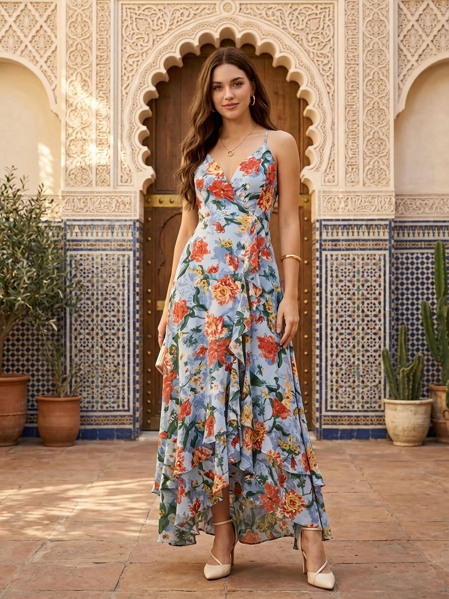 Berrylush Women Blue Floral Printed V-Neck Lace-Up Crepe Maxi Dress