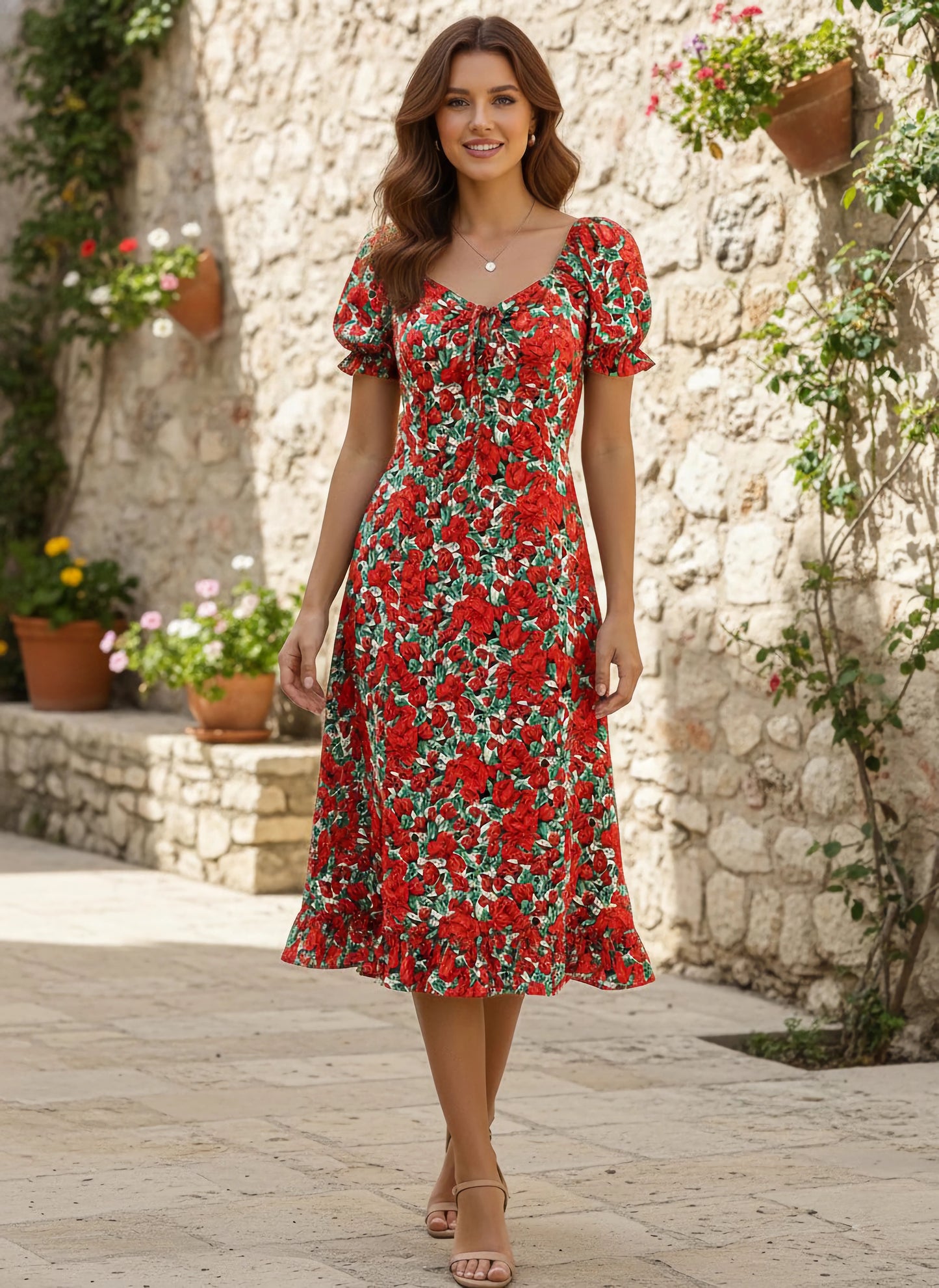 Berrylush Women Red & Green Floral Printed Crepe A-Line Midi Dress