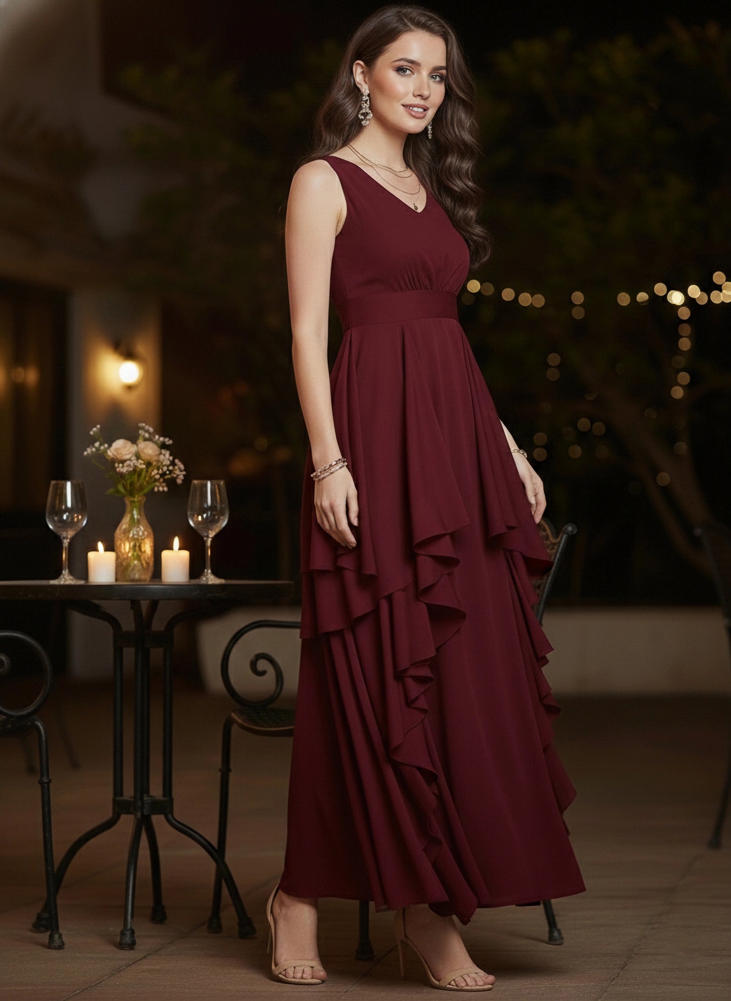 Berrylush Women Solid Maroon V-Neck Crepe Asymmetrical Hem Ruffled Maxi Dress
