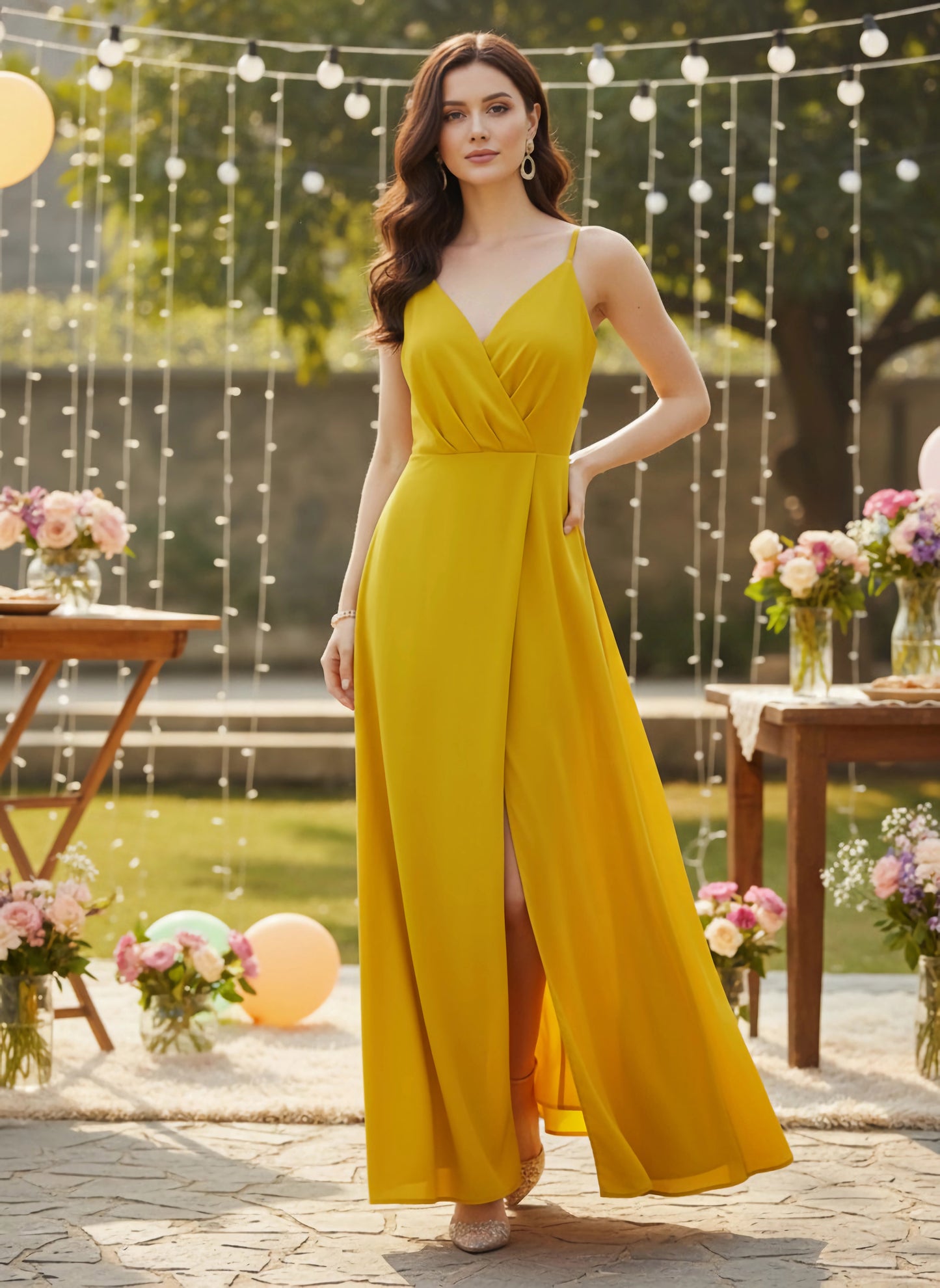 Berrylush Women Solid Yellow V-Neck Sleeveless Crepe Thigh-High Slit A-Line Maxi Dress