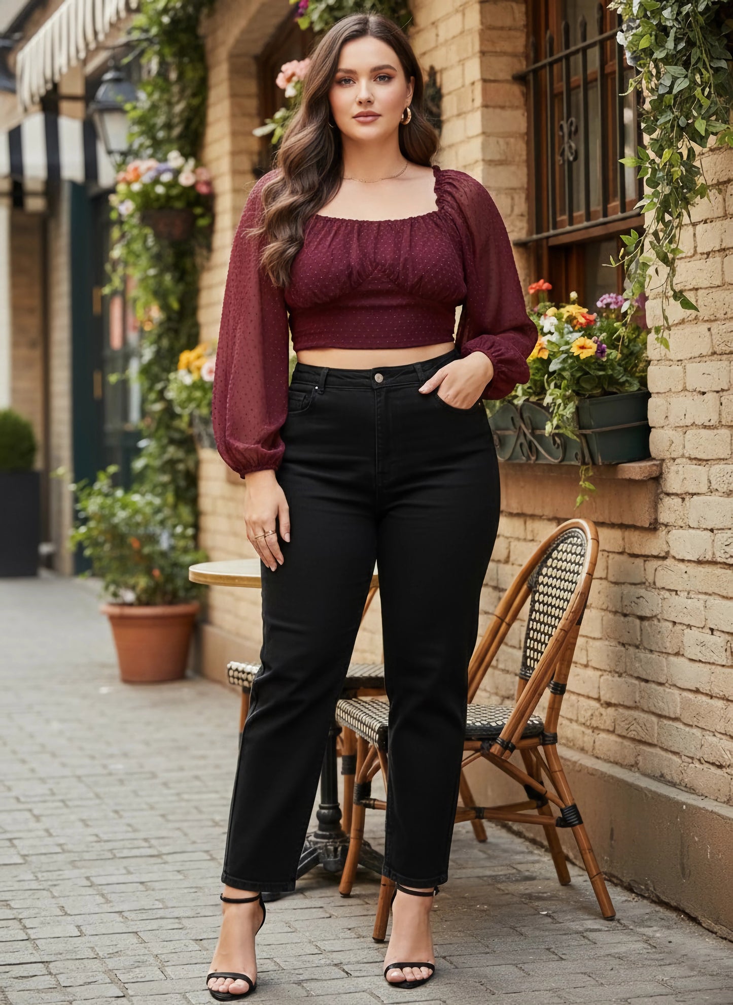 Berrylush Women Plus Size Solid Maroon Dobby Weave Sweetheart Neck Puff Sleeve Georgette Smocked Crop Top