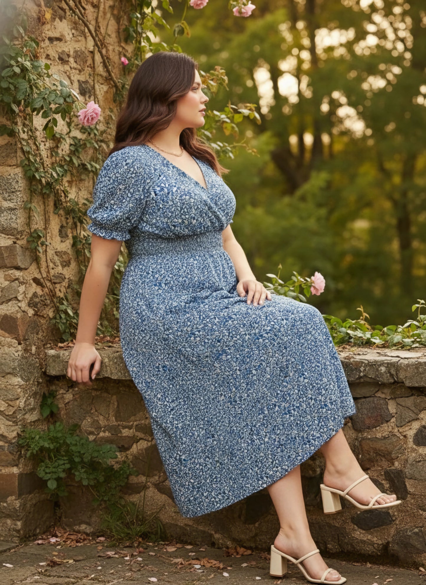 Curve Blue & White Floral Printed V-Neck Puff Sleeves Smocked Waist A-line Maxi Dress