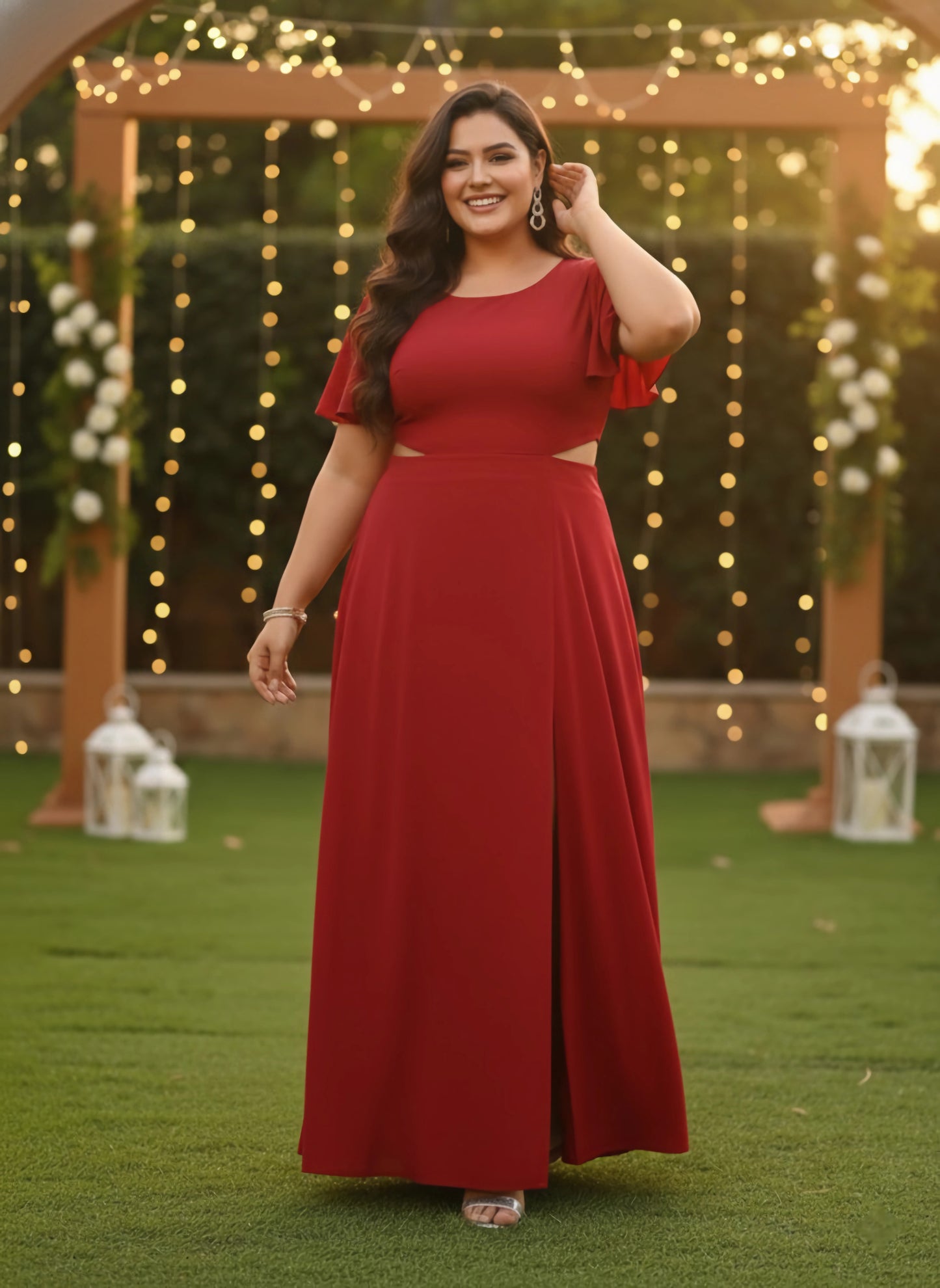 Plus Size Solid Red Round Neck Cutout Crepe Thigh-High Slit Fit & Flare Maxi Dress