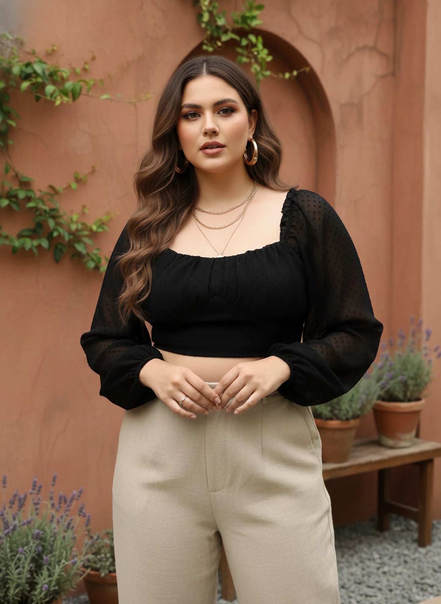 Berrylush Women Plus Size Solid Black Dobby Weave Sweetheart Neck Puff Sleeve Georgette Smocked Crop Top