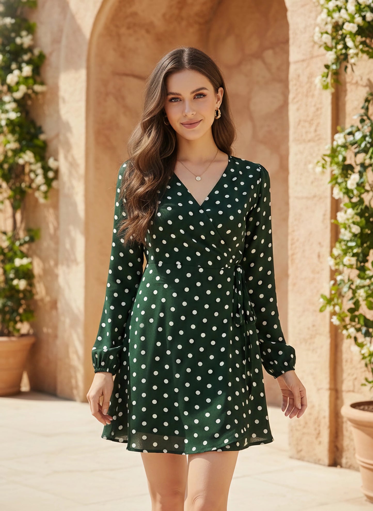 Berrylush Women Green Polka Dot Printed V-Neck Waist Tie-Up Fit & Flare Wrap Mini Dress