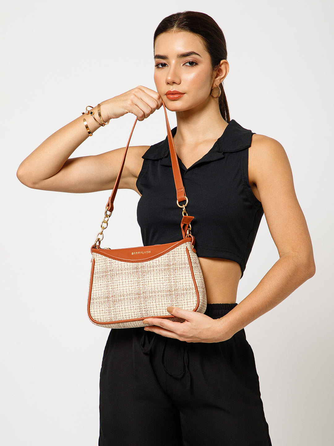 Berrylush Women Cream Checked One Handle Smart Casual Regular Shoulder Bag