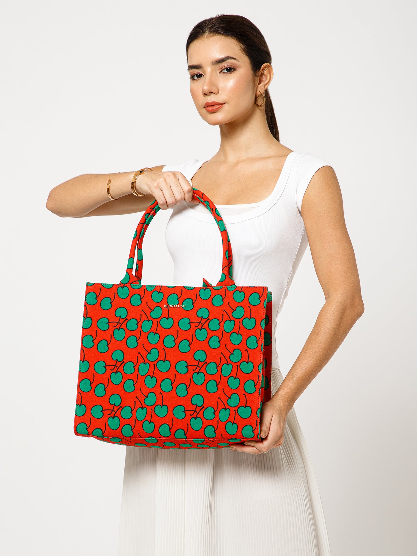 Berrylush Women Red Cherry Printed Tote Bag with Double Handles | Spacious & Trendy Women's Handbag