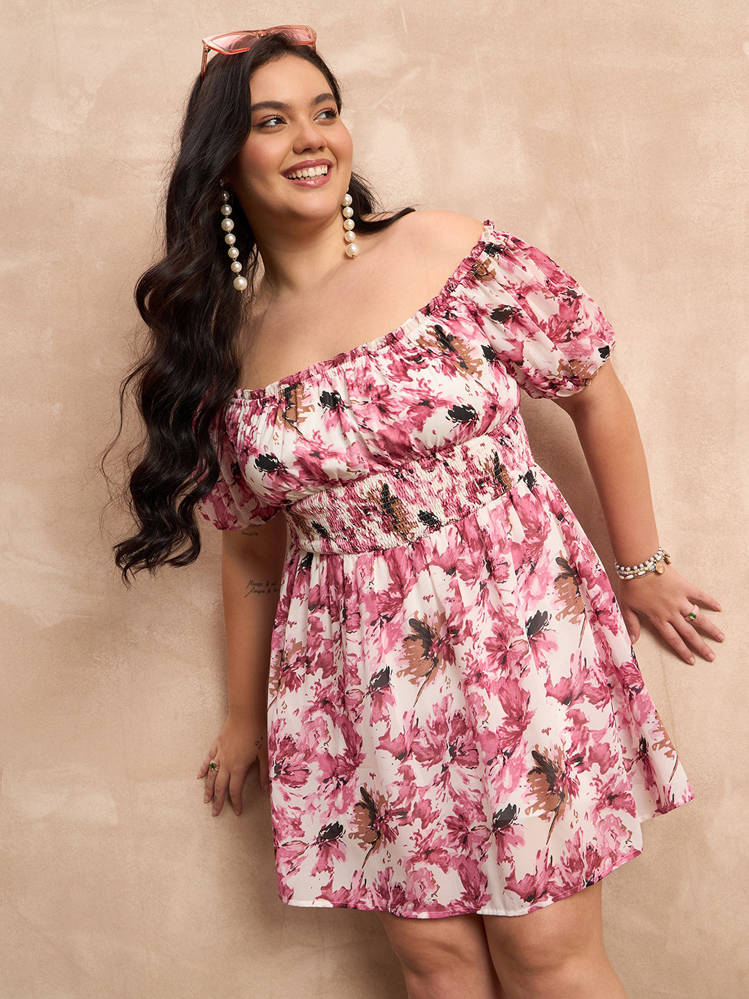 Berrylush Curve Women Plus Size Pink Floral Print Off-Shoulder Short  Sleeeve Mini Jumpsuit