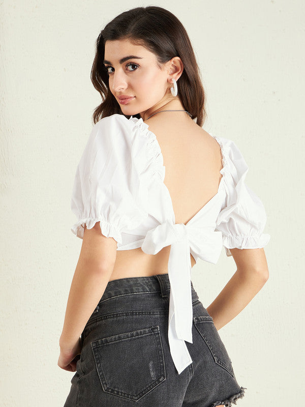 square neck flounce sleeve tie back crop milkmaid blouse