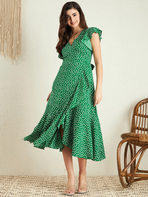 Women Green & White Floral Printed V-Neck Flutter Sleeve Waist Tie-Up Straight Hem Wrap Midi Dress - Berrylush Women Green & White Floral Printed V-Neck Flutter Sleeve Waist Tie-Up Straight Hem Wrap Midi Dress - Berrylush