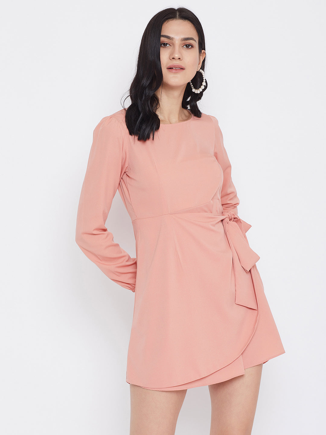 chinese dress ladies Women Solid Pink Tie Front Layered Skater Dress