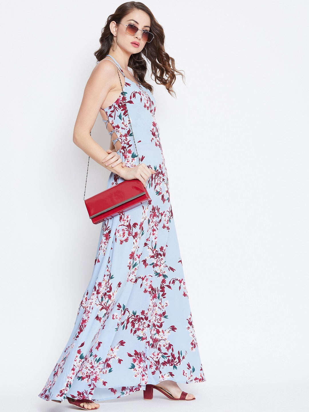 Berrylush Women Blue & Maroon Floral Print Caged Back Tie-up Maxi Dress