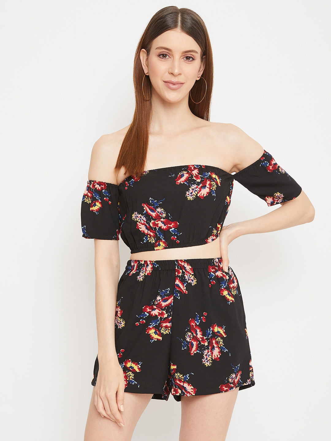 Berrylush Women Black Floral Printed Off-the-Shoulder Crop Top Short
