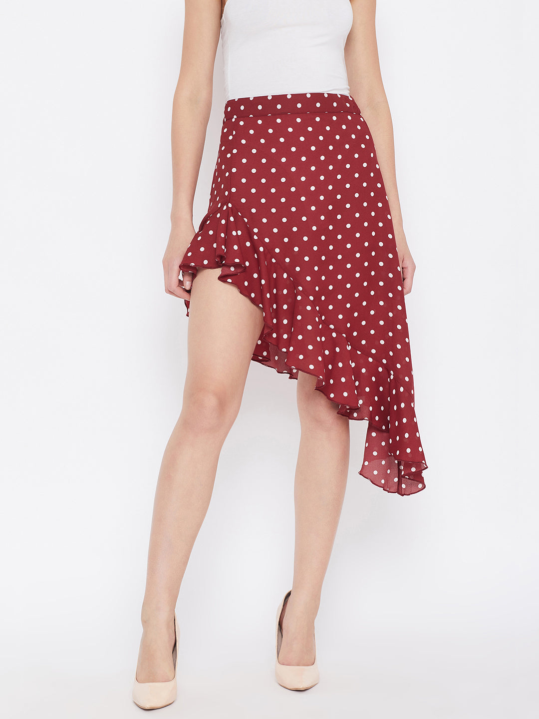 Women Red Polka Dot Asymmetrical Ruffled A-Line Midi Skirt Berrylush