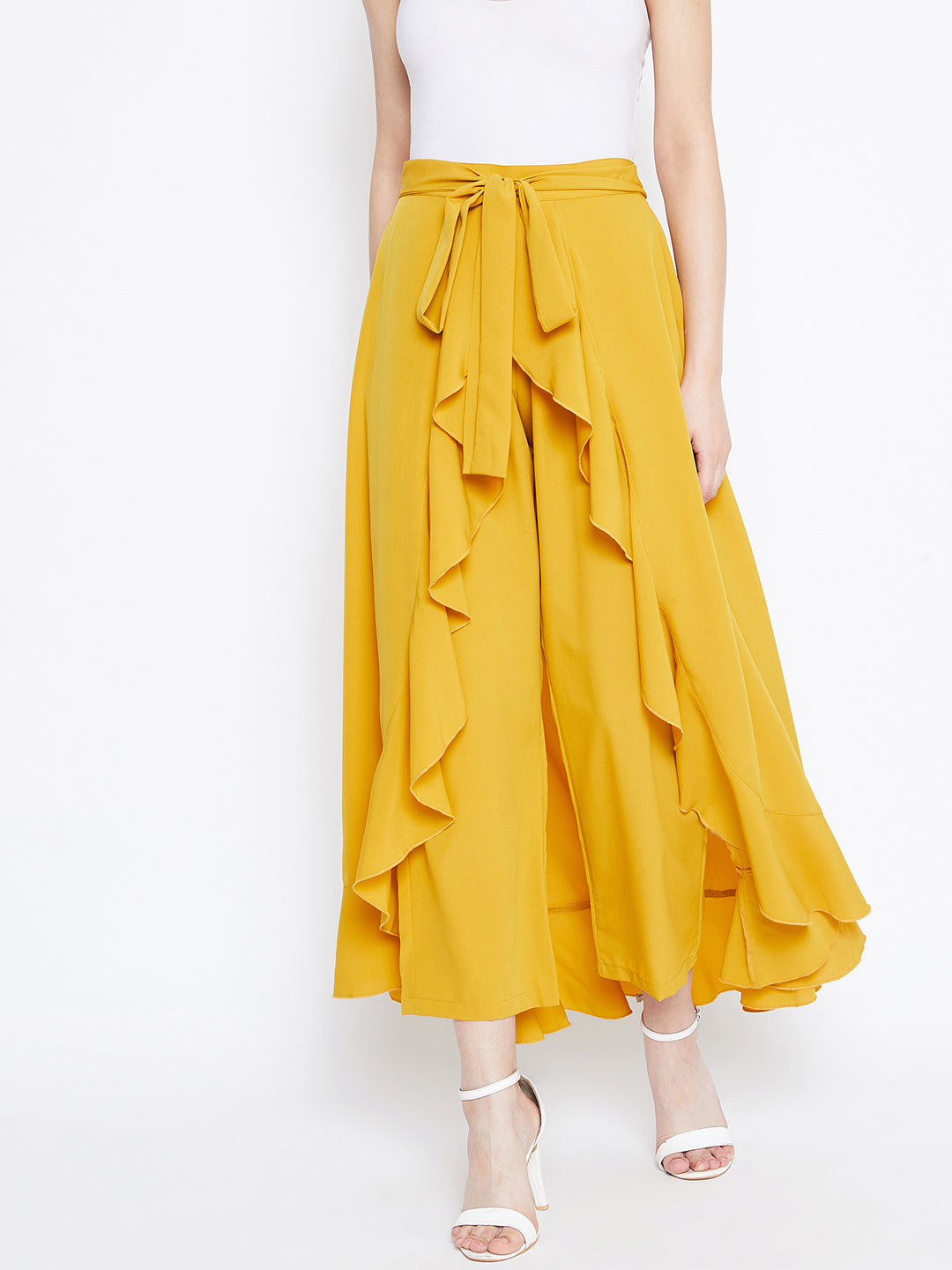 Berrylush Women Solid Yellow Waist Tie-Up Ruffled Maxi Skirt With Attached  Trousers