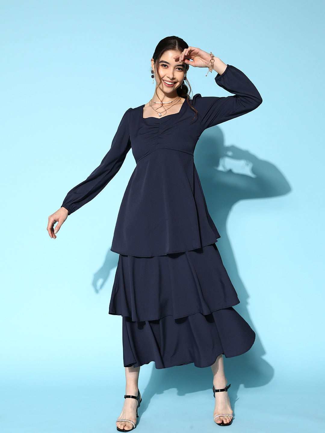Women Solid Navy Blue Sweetheart Neck Puff Sleeve Flounce Tiered A-Line Maxi Dress - Berrylush Women Solid Navy Blue Sweetheart Neck Puff Sleeve Flounce Tiered A-Line Maxi Dress - Berrylush