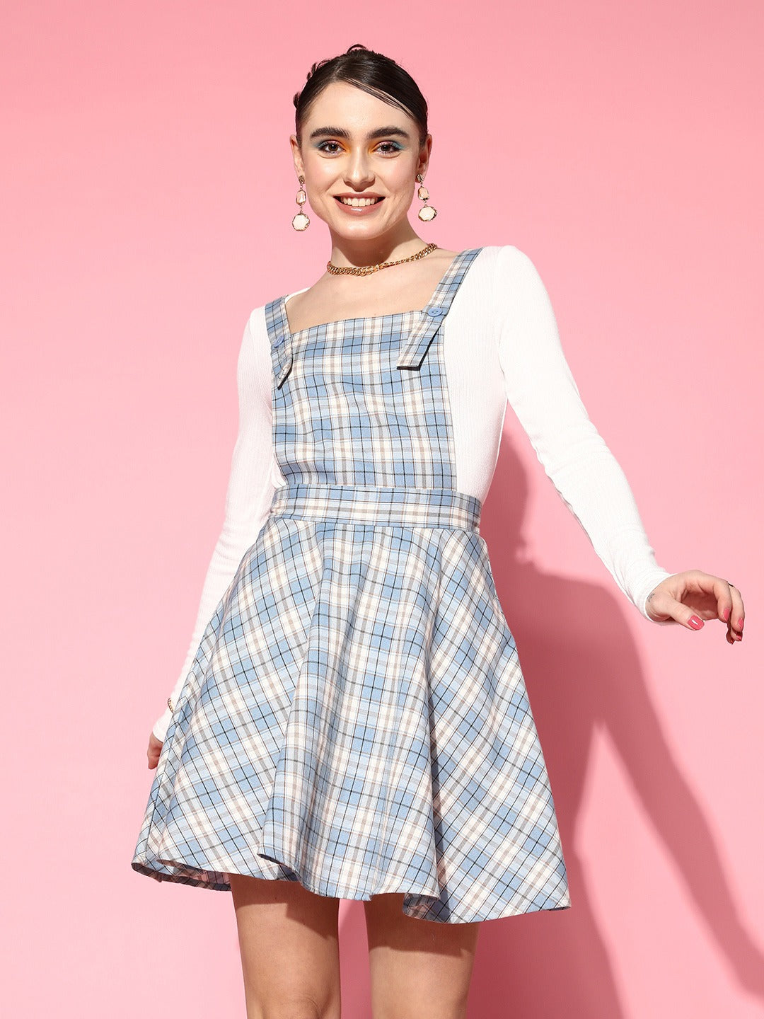 Plaid Dress Checkered Pinafore Women Blue White Checked Pattern