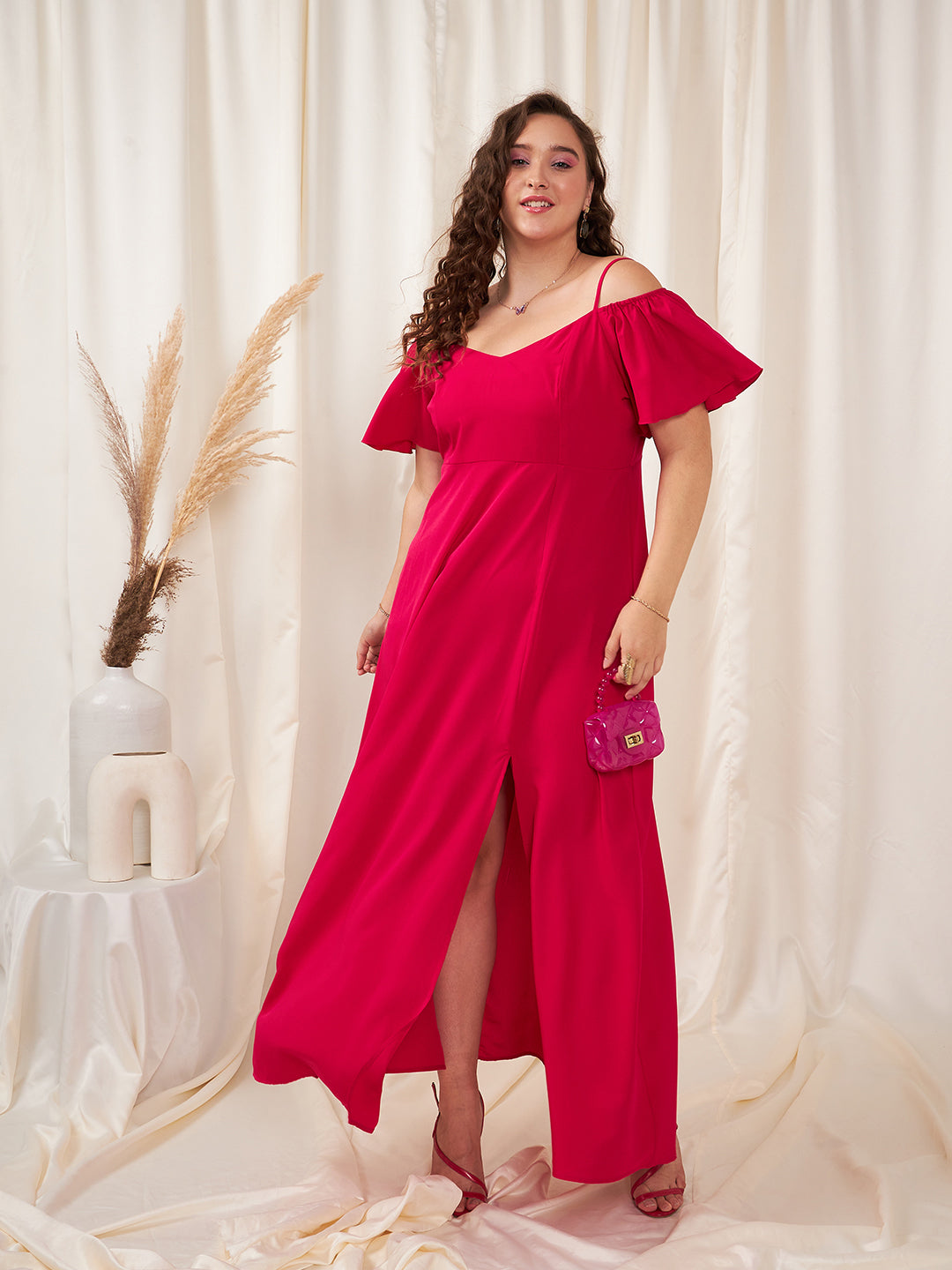 Women Plus Size Solid Pink Off-Shoulder Neck Cold-Shoulder Sleeve Thigh-High Slit Flared Maxi Dress - Berrylush Women Plus Size Solid Pink Off-Shoulder Neck Cold-Shoulder Sleeve Thigh-High Slit Flared Maxi Dress - Berrylush