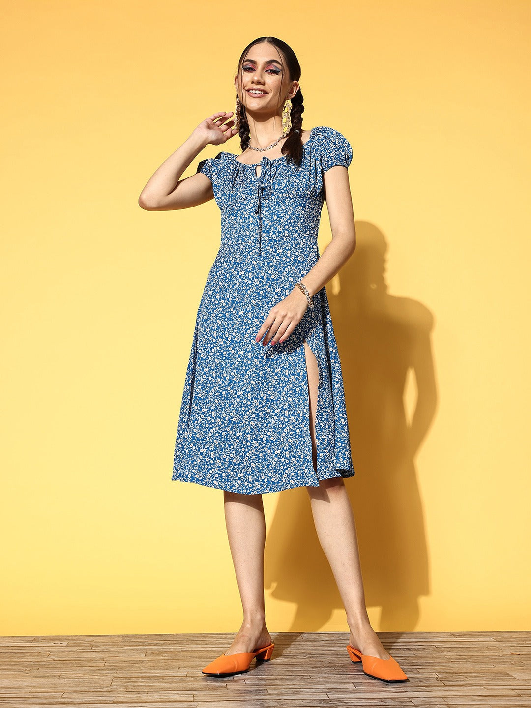 Women Blue & White Ditsy Floral Printed Round Neck Front Tie-Up Thigh-High Slit Flared A-Line Midi Dress - Berrylush Women Blue & White Ditsy Floral Printed Round Neck Front Tie-Up Thigh-High Slit Flared A-Line Midi Dress - Berrylush