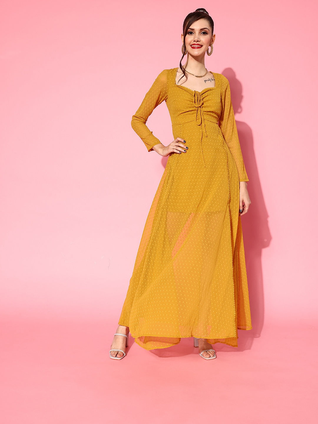 Berrylush Women Mustard Yellow Self-Design Sweetheart Neck Cutout Back