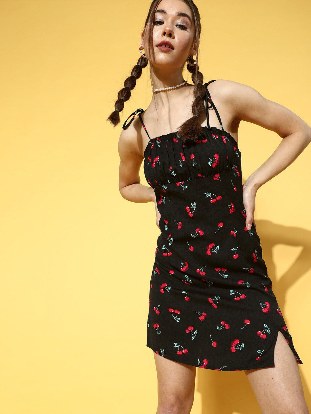 Berrylush Women Black & Red Cherry Printed Square Neck Crepe Straight Berrylush Women Black & Red Cherry Printed Square Neck Crepe Straight