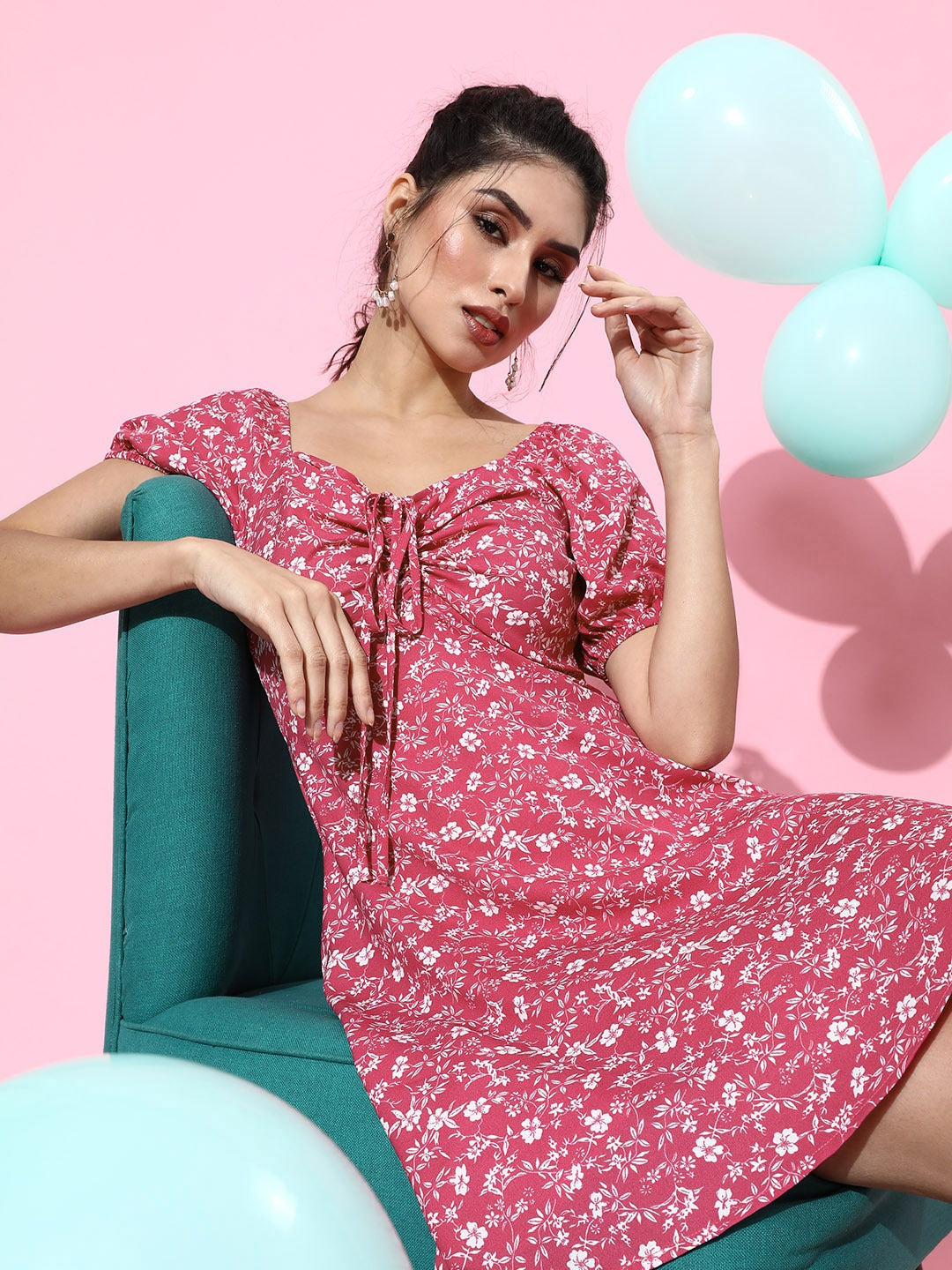 Women Pink & White Floral Crepe A-Line Mini Dress - Berrylush Women Pink & White Floral Crepe A-Line Mini Dress - Berrylush