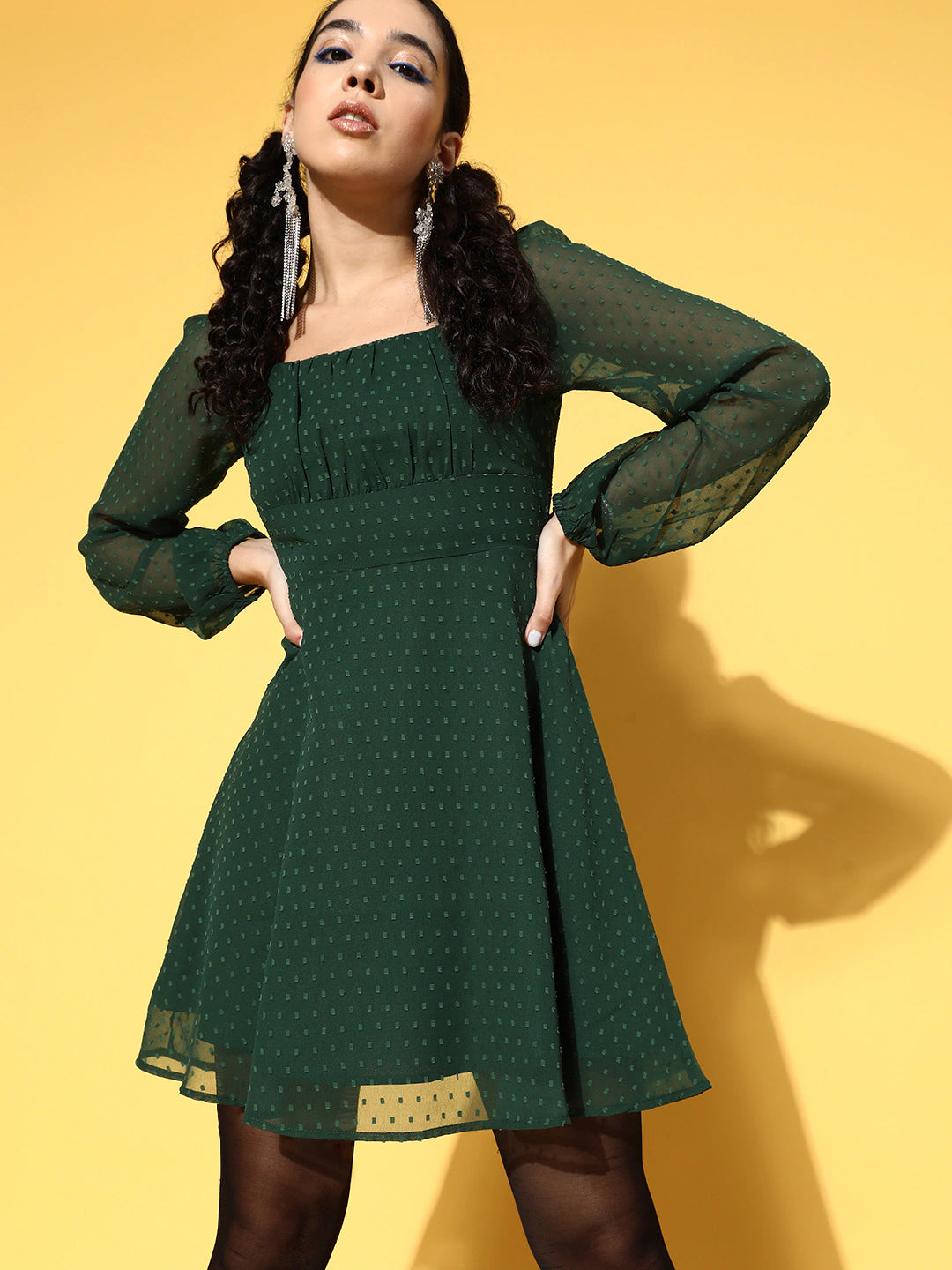 Women Solid Green Dobby Weave Square Neck Georgette Pleated Fit & Flare Mini Dress - Berrylush Women Solid Green Dobby Weave Square Neck Georgette Pleated Fit & Flare Mini Dress - Berrylush