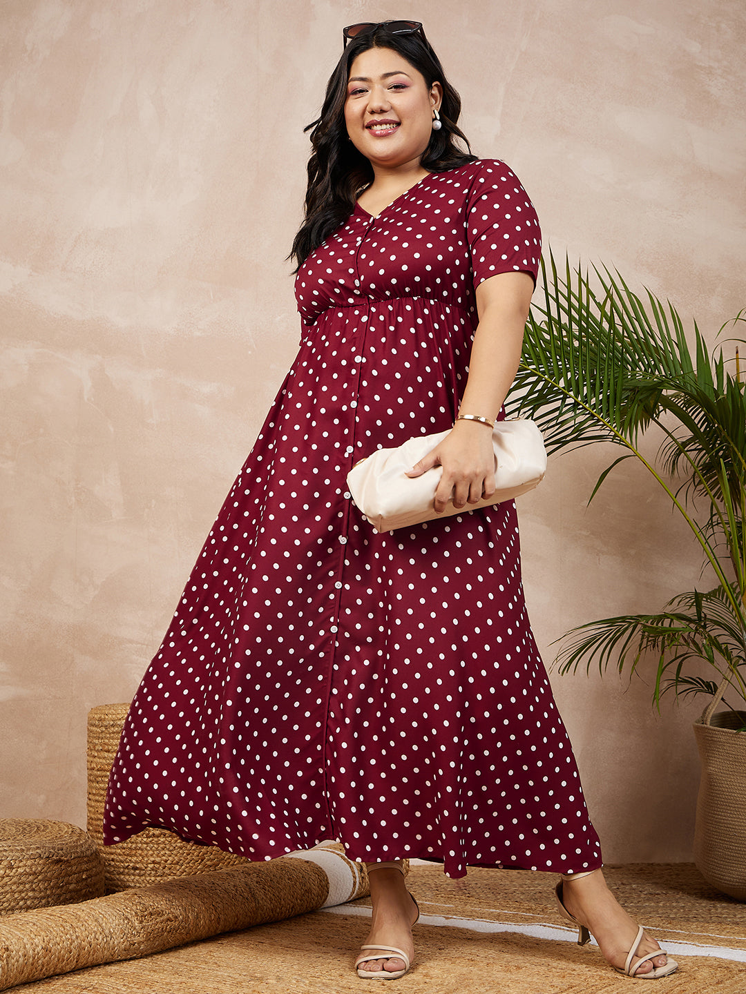 Women Plus Size Red White Polka Dot Printed V-Neck Front Button-Up A-Line Maxi Dress Berrylush
