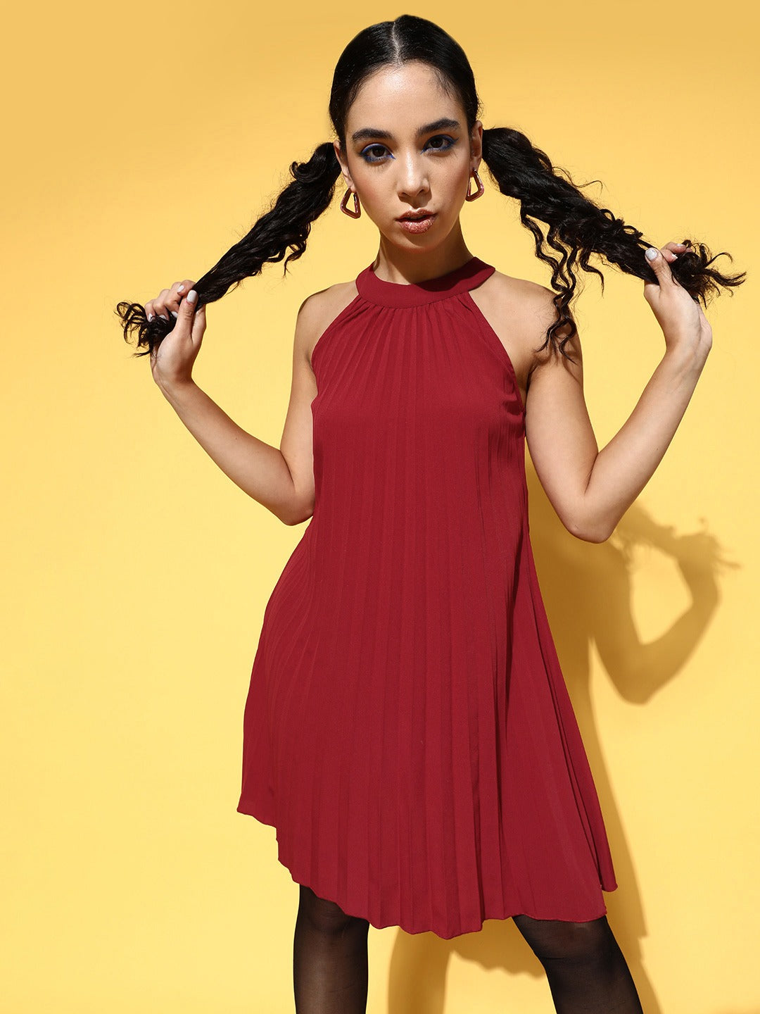 Women Solid Red Halter Neck Sleeveless Accordion Pleated A-Line