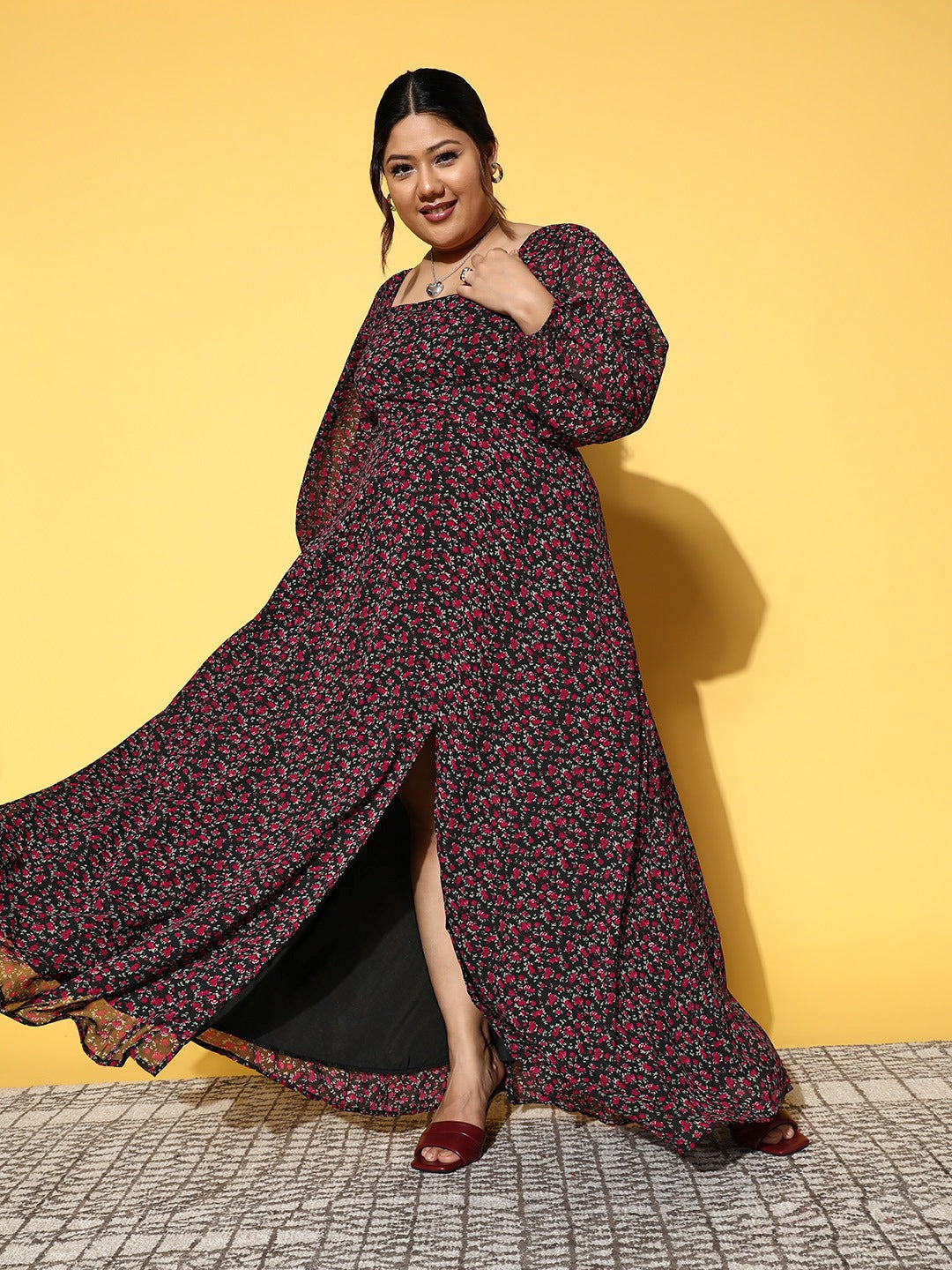 Women Plus Size Black Fuchsia Floral Printed Square Neck Thigh-High Slit Fit Flare Maxi Dress Berrylush