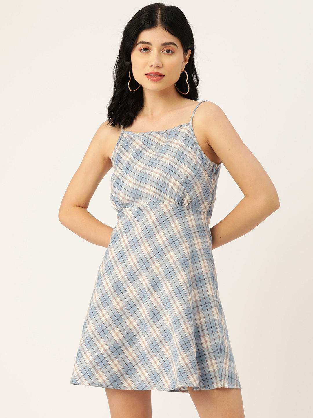 Women Blue & White Check Printed Square Neck Crepe Flared A-Line Mini Dress - Berrylush Women Blue & White Check Printed Square Neck Crepe Flared A-Line Mini Dress - Berrylush