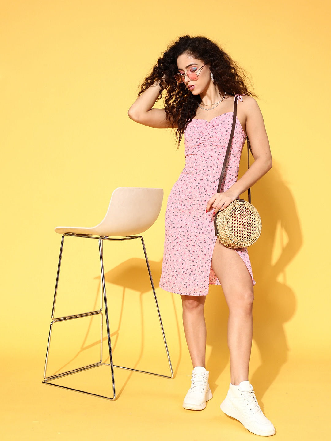 Women Pink White Floral Printed Square Neck Tie-Up Strap Thigh