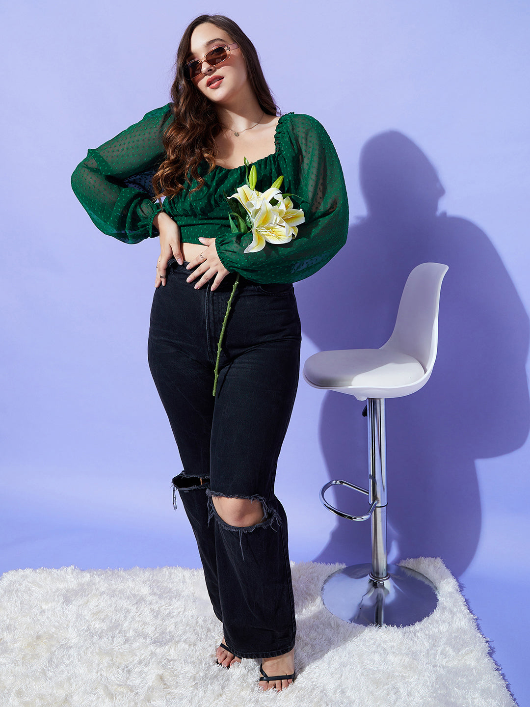 Women Plus Size Solid Green Dobby Weave Sweetheart Neck Puff