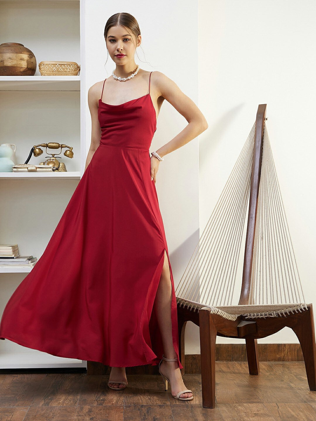 Women Solid Red Cowl Neck Sleeveless Lace-Up Backless Flared Maxi Dress