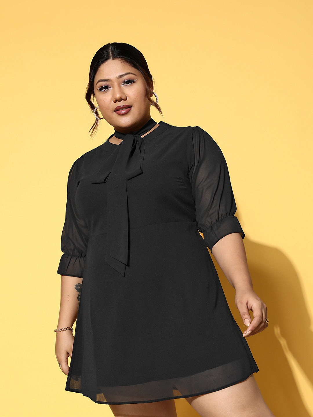 Women Plus Size Solid Black Tie-Up Neck Three-Quarter Sleeve