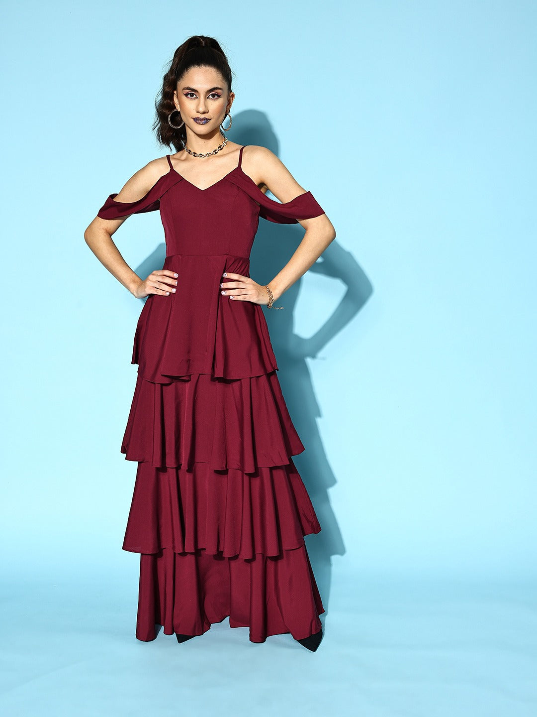 Women Solid Maroon V-Neck Cold-Shoulder Flounce Hem Layered A-Line
