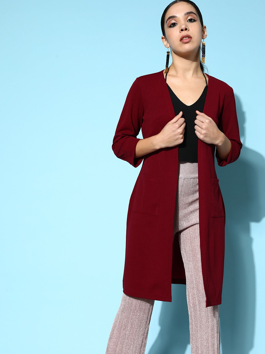 Women Solid Maroon Collarless Neck Open-Front Straight Hem