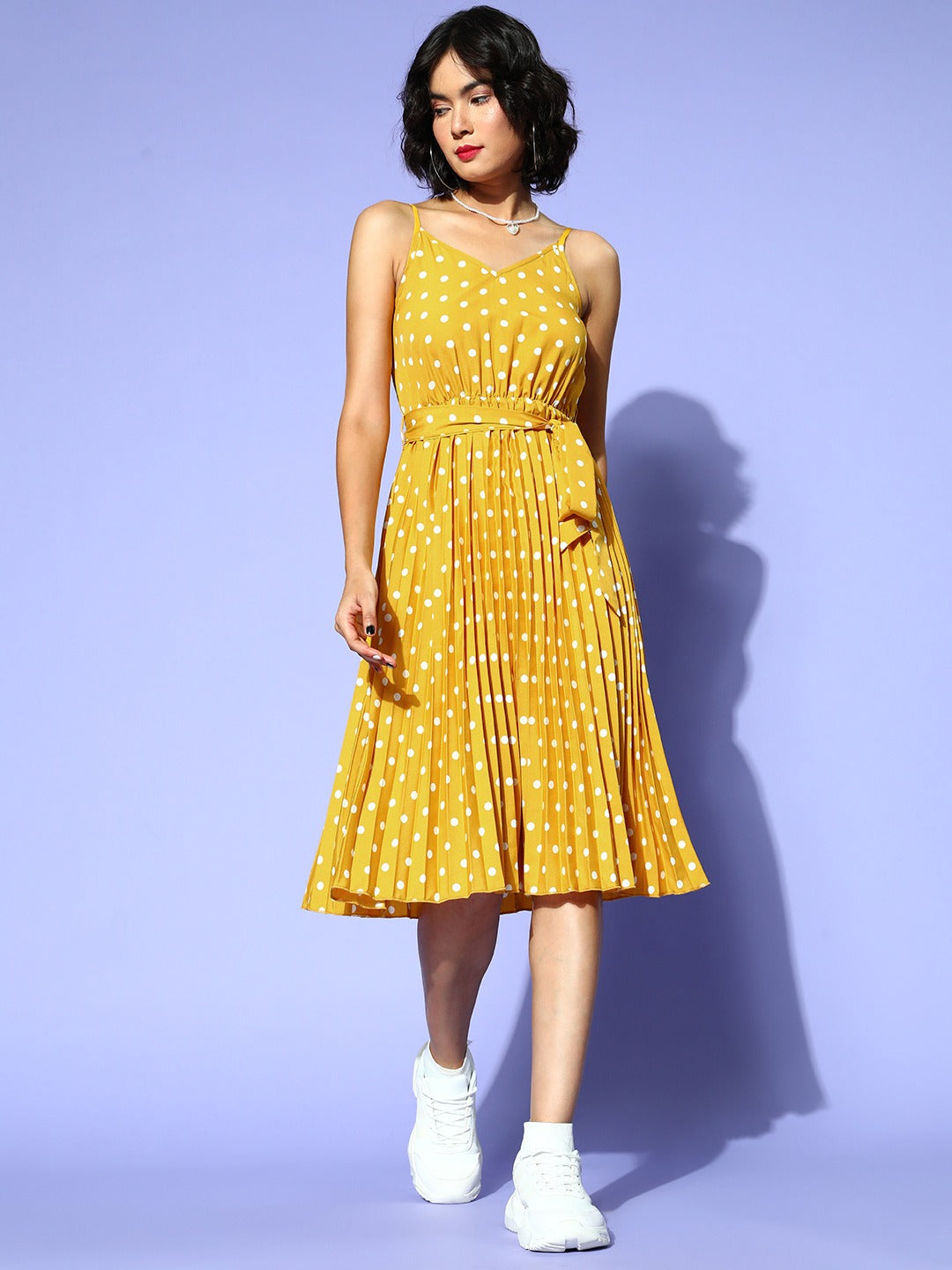 Women Yellow White Polka Dot Printed V-Neck Tie-Up Waist Crepe