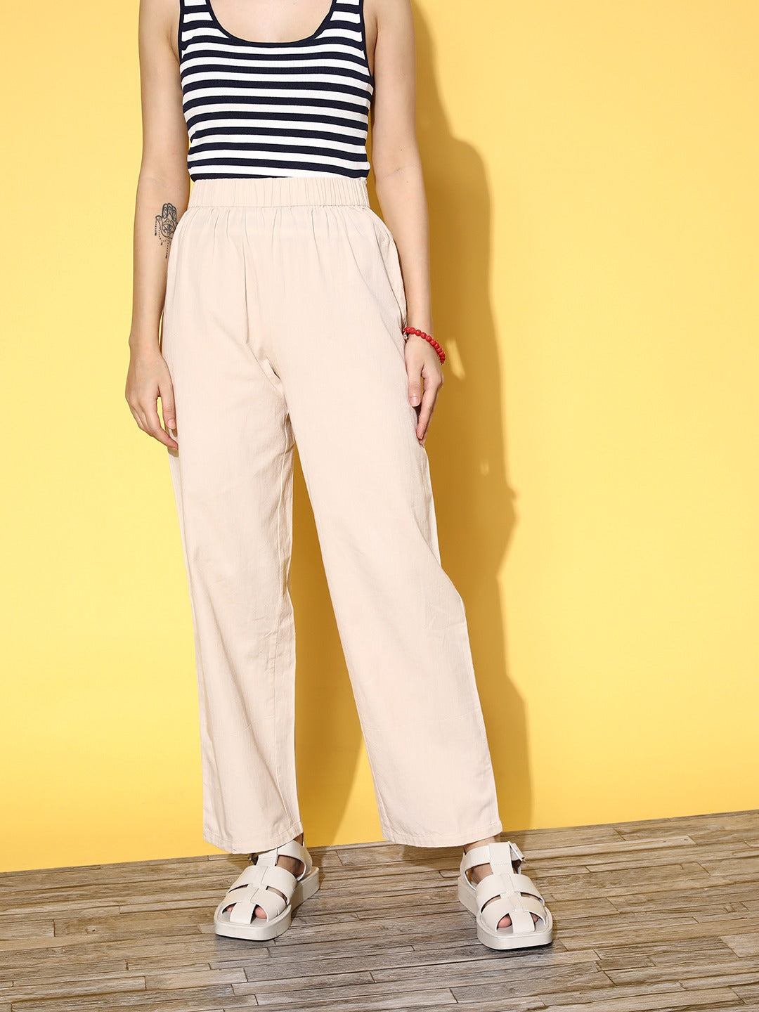 Women Solid Cream High-Rise Waist Cotton Loose Fit Straight Leg Trousers Berrylush