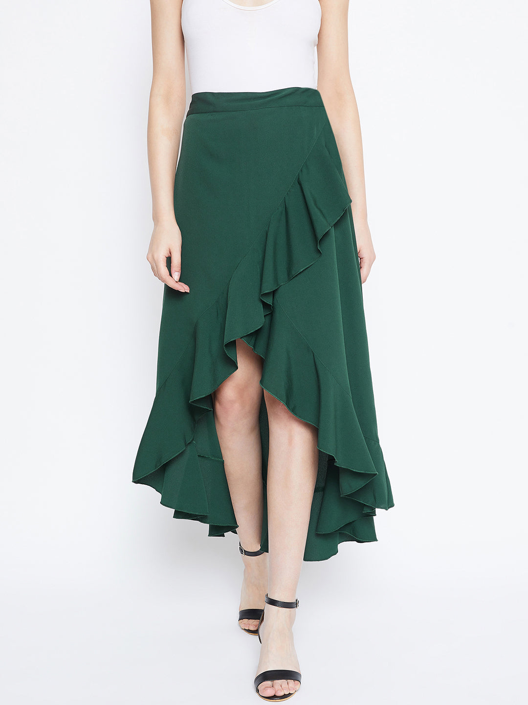 Women Solid Green High-Low Ruffled Wrap Midi Skirt Berrylush