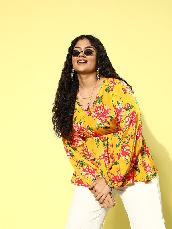 Women Plus Size Yellow Red Floral Printed V-Neck Elastic Waist