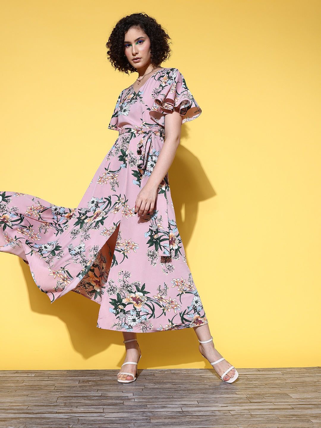 Women Pink Green Floral Printed V-Neck Waist Tie-Up Thigh-High