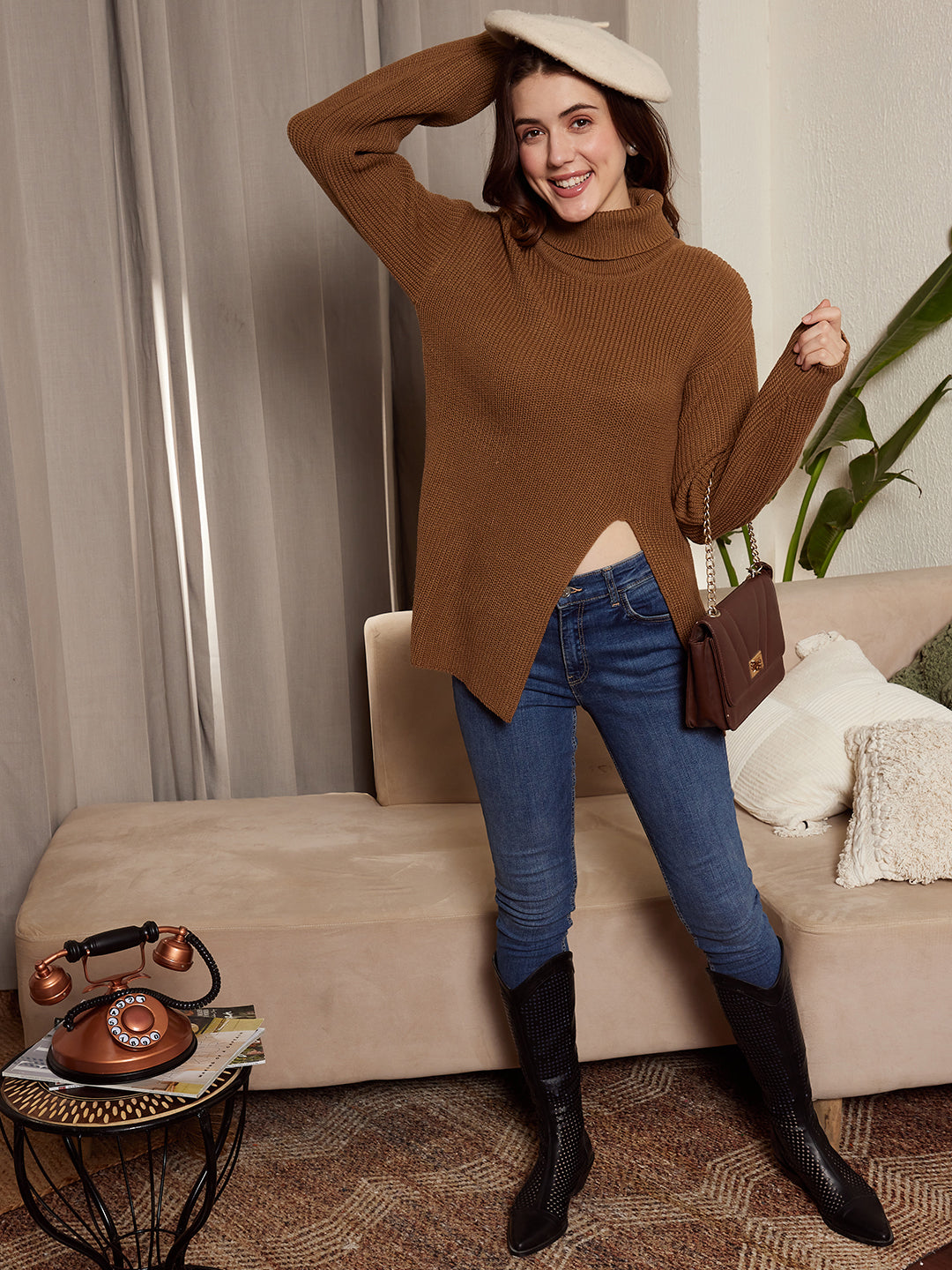 Brown Knit Turtle Neck Sweater Fine-knit Turtleneck Jumper Dark