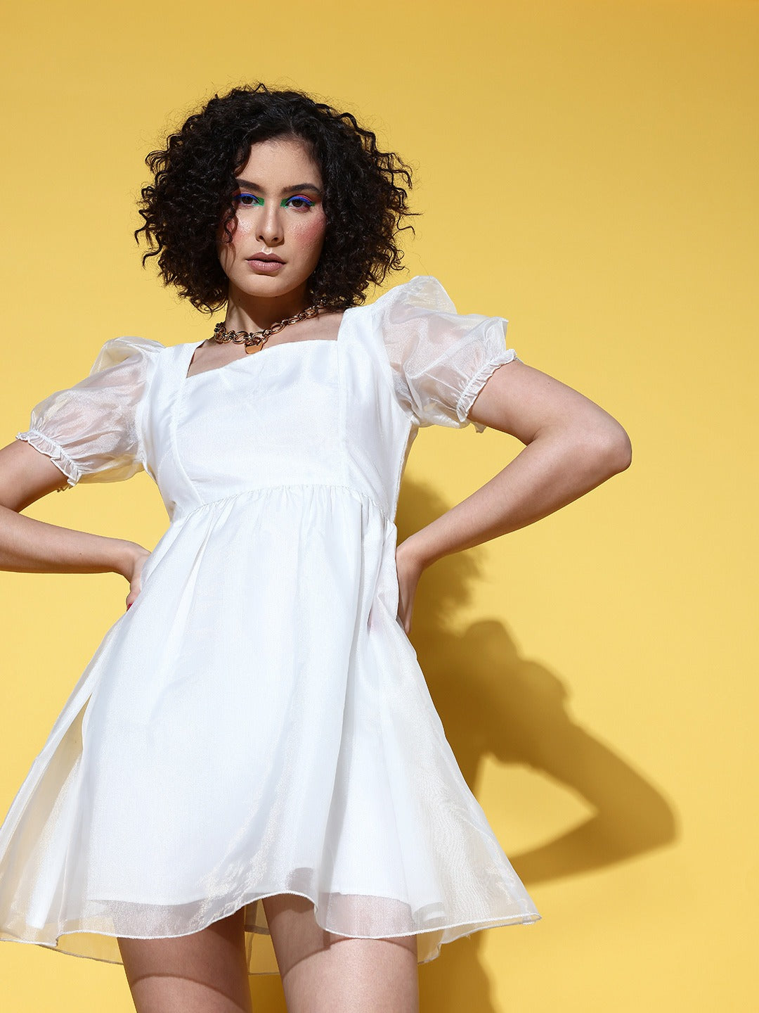 Women Solid White Square Neck Tie-Up Back Puff Sleeve Crepe Flared