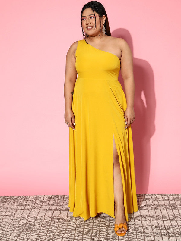 Women Plus Size Solid Yellow One-Shoulder Neck Crepe Thigh-High