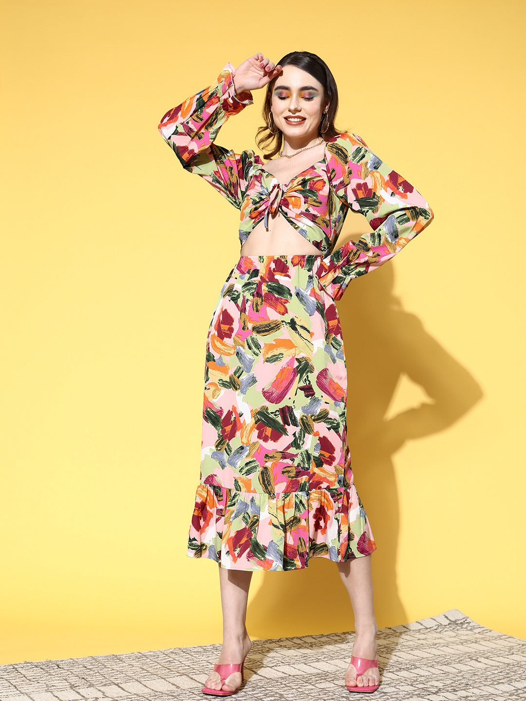 Women Pink Multicoloured Abstract Printed Sweetheart Neck Tie-Up Cutout  Crepe Fit Flare Midi Dress Berrylush - Main Image
